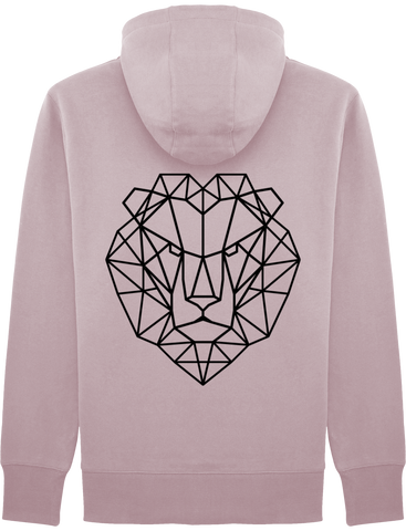 Tête de lion sur pull rose.