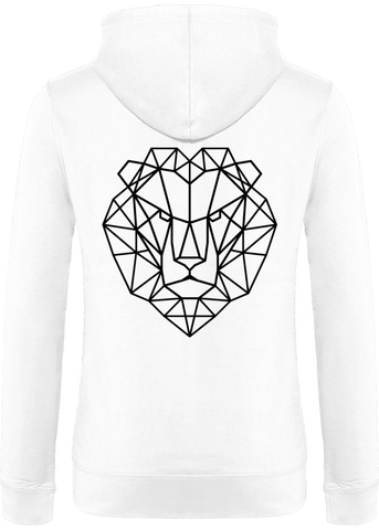 Tête de lion sur veste blanche.