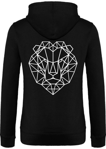 Veste noire avec tête de lion blanche.