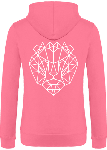 Veste rose avec tête de lion.