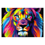 Grande toile avec tête de lion multicolore.