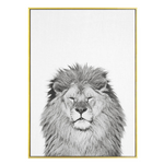 Cadre tête de lion en noir et blanc.