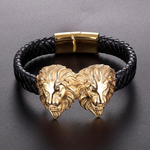 Bracelet Homme Ajustable Tête de Lion Or Cuir