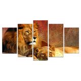 Tableau 5 pièces lion et lionne en couleur.