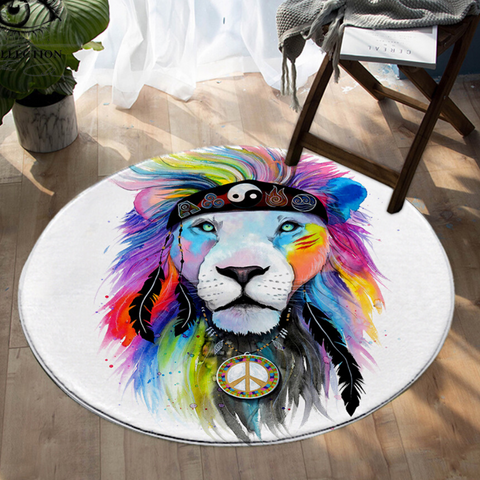 Tapis lion rond couleurs hippie.