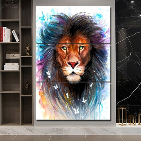 Tableau Lion Multicolore 3 Pièces dessin lion sur toile murale