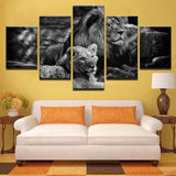 Tableau 5 Panneaux Lion Lionne photo noir et blanc