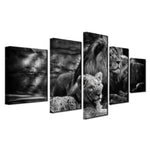 Tableau 5 Panneaux Lion Lionne photo sur toile noir et blanc