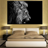 Tableau Déco Lion Rugissant toile lion noir et blanc