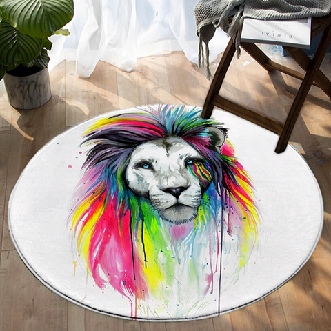Tapis lion rond en couleurs.