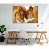 Cadre en toiles avec lion et lionne en couleurs.
