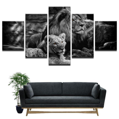 Tableau 5 Panneaux Lion Lionne