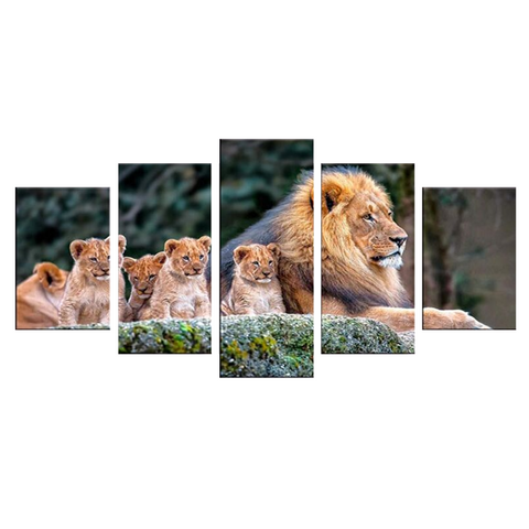 Tableau famille de lions en couleur.