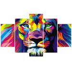 Toile tête de lion multicolore.