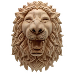 Tête de lion murale en bois.