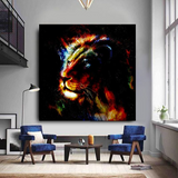 Grand tableau avec tête de lion dans bureau.