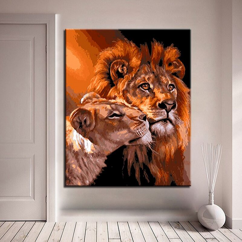Toile de peinture lion et lionne.