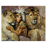 Magnifique toile en couleurs lions avec princesse.