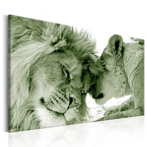 Tableau portrait lion et lionne filtre vert.
