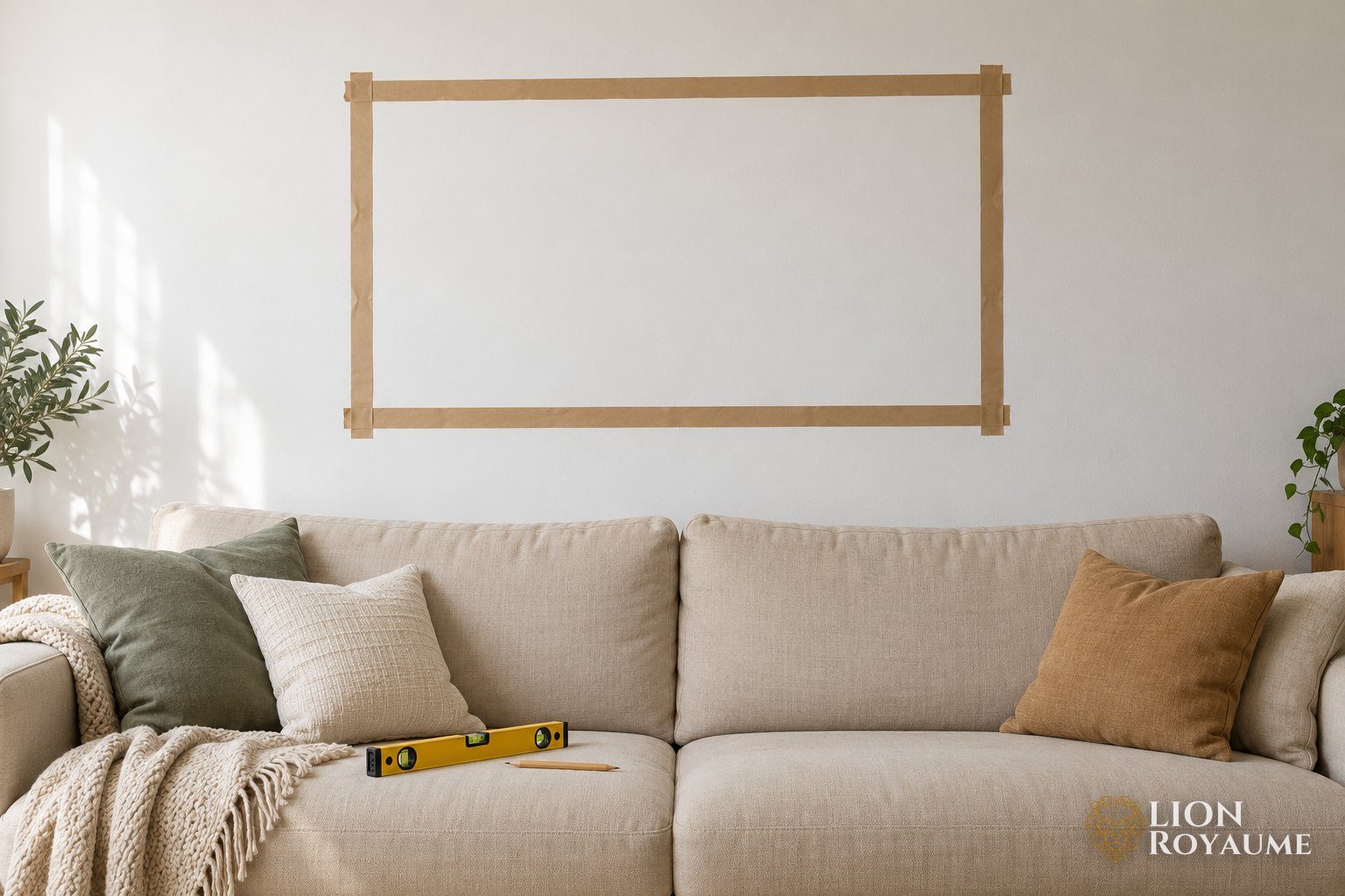 Contour en ruban kraft collé sur un mur au-dessus d'un canapé beige, avec niveau et crayon