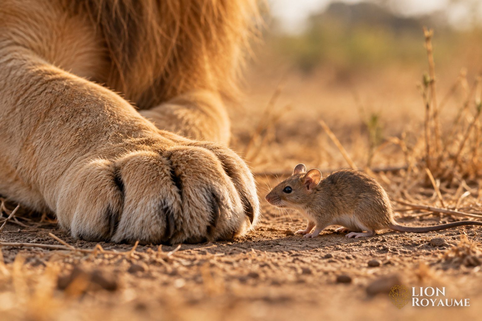 Grande patte de lion posée sur la terre sèche à côté d'un tout petit rat