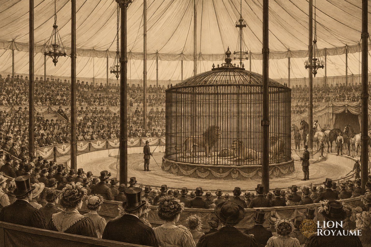 Gravure ancienne d'un chapiteau de cirque avec une grande cage et un public