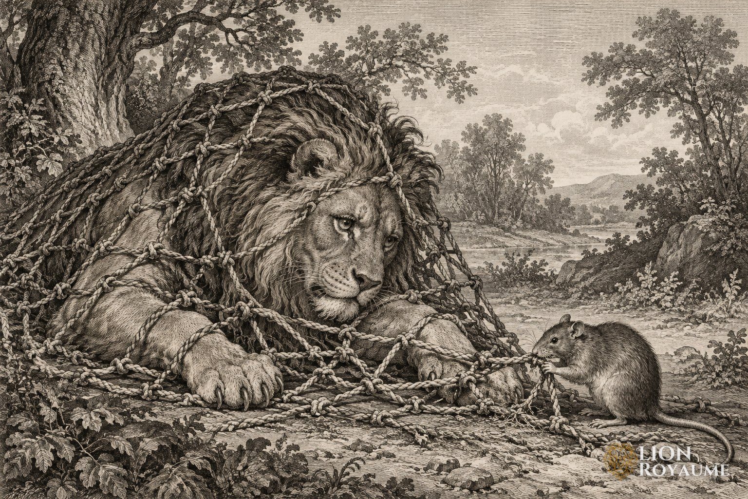 Gravure ancienne d'un lion pris dans un filet et d'un petit rat qui ronge les mailles
