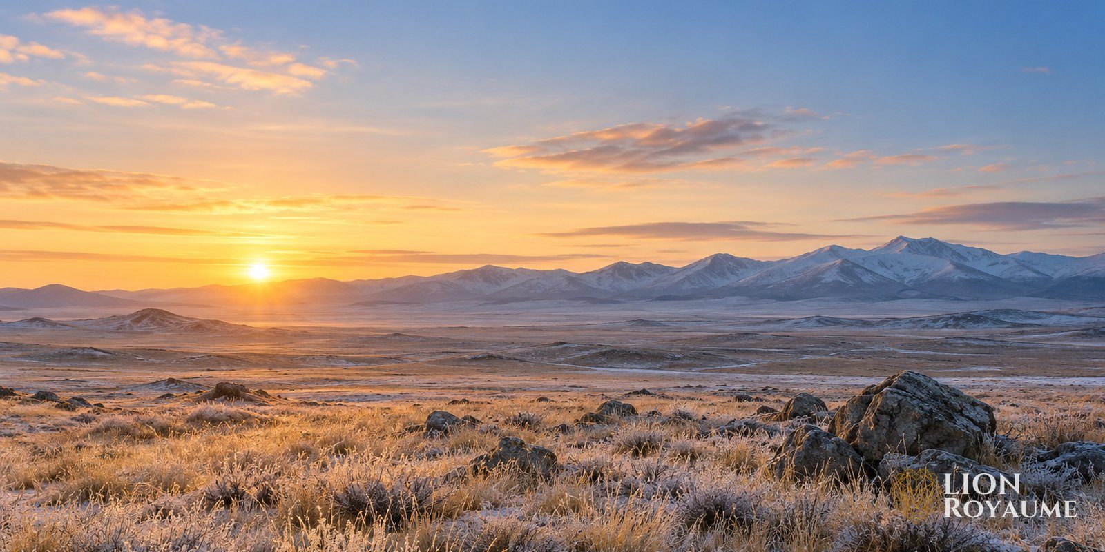 Steppe givrée au lever du jour avec des collines enneigées au loin