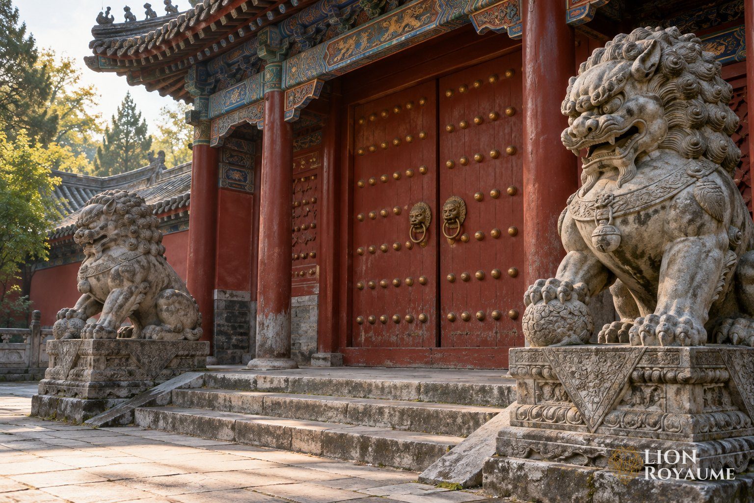 Paire de lions gardiens en pierre devant la porte rouge d'un temple chinois