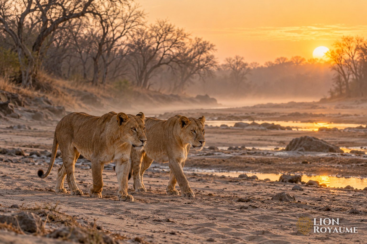 Deux lionnes marchent côte à côte dans un lit de rivière à sec au lever du jour