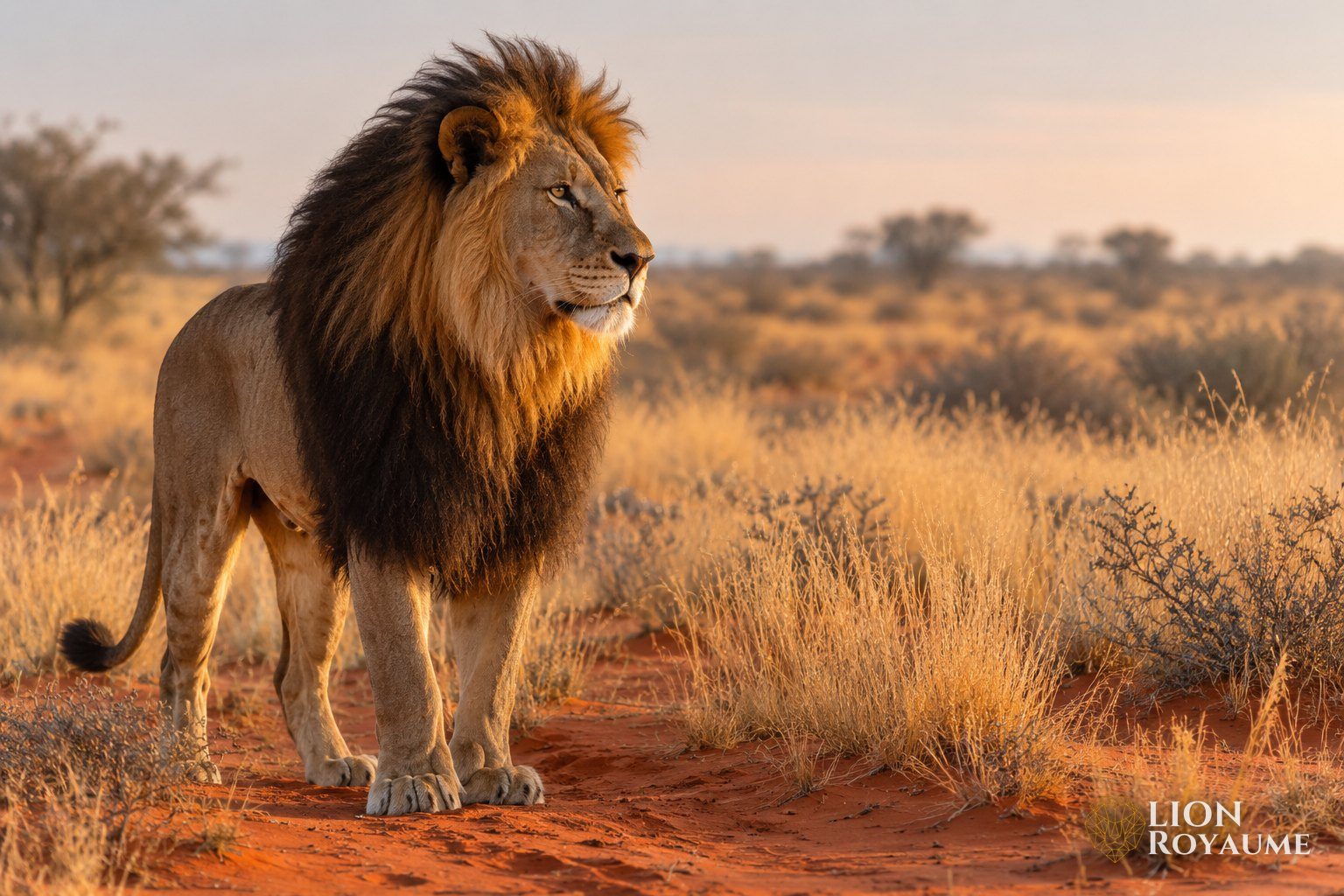 Lion mâle adulte à la crinière brun très foncé et au corps fauve, debout dans le sable