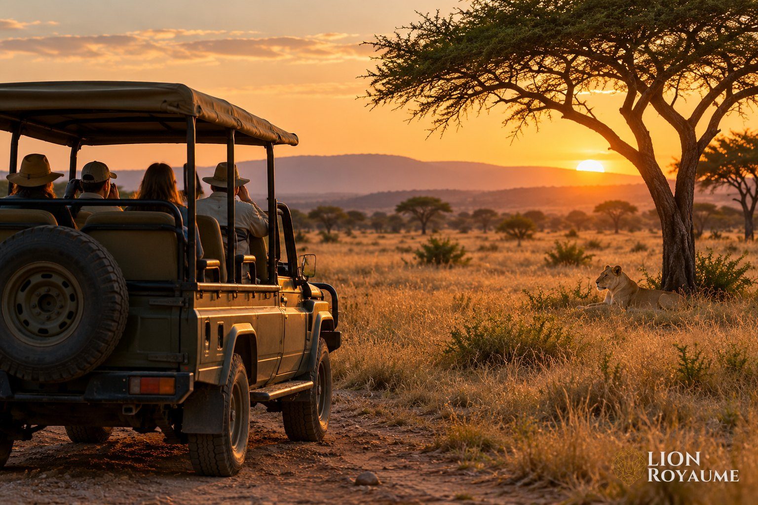 Véhicule de safari arrêté sur une piste, à bonne distance d'une lionne couchée sous un acacia