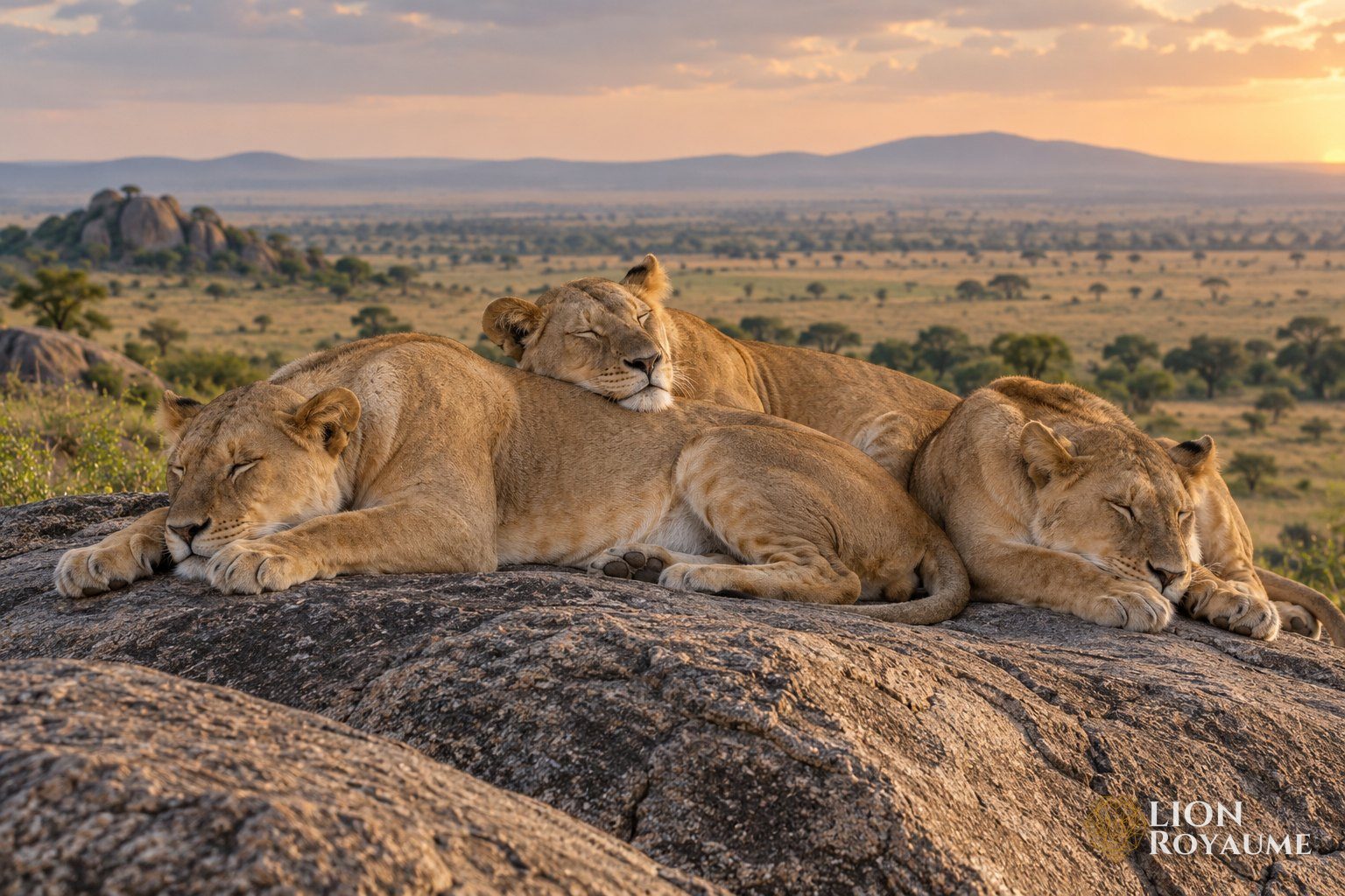 Trois lionnes endormies serrées sur un gros rocher de granite dans la savane