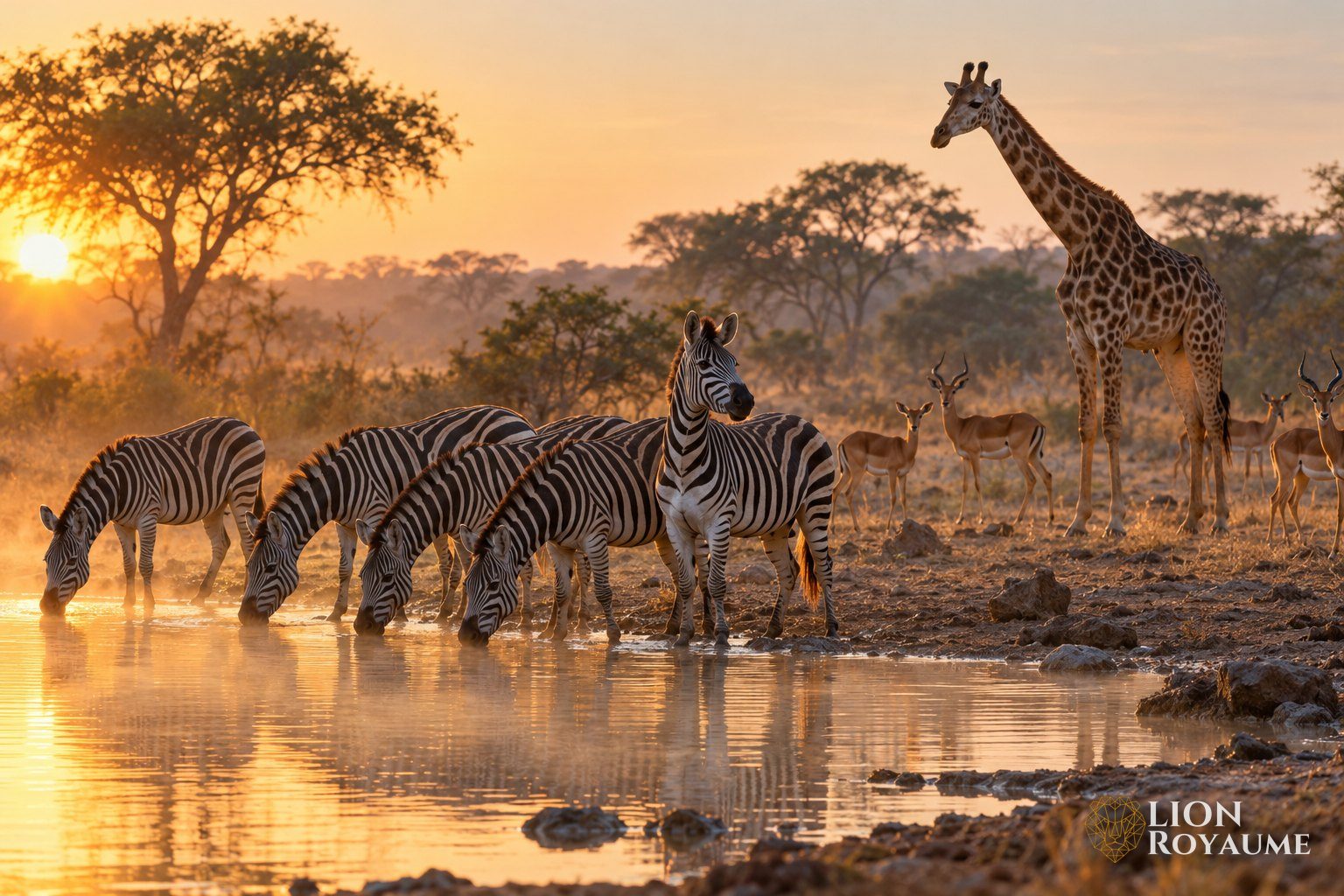 Zèbres, girafe et impalas attentifs autour d'un point d'eau de la savane à l'aube