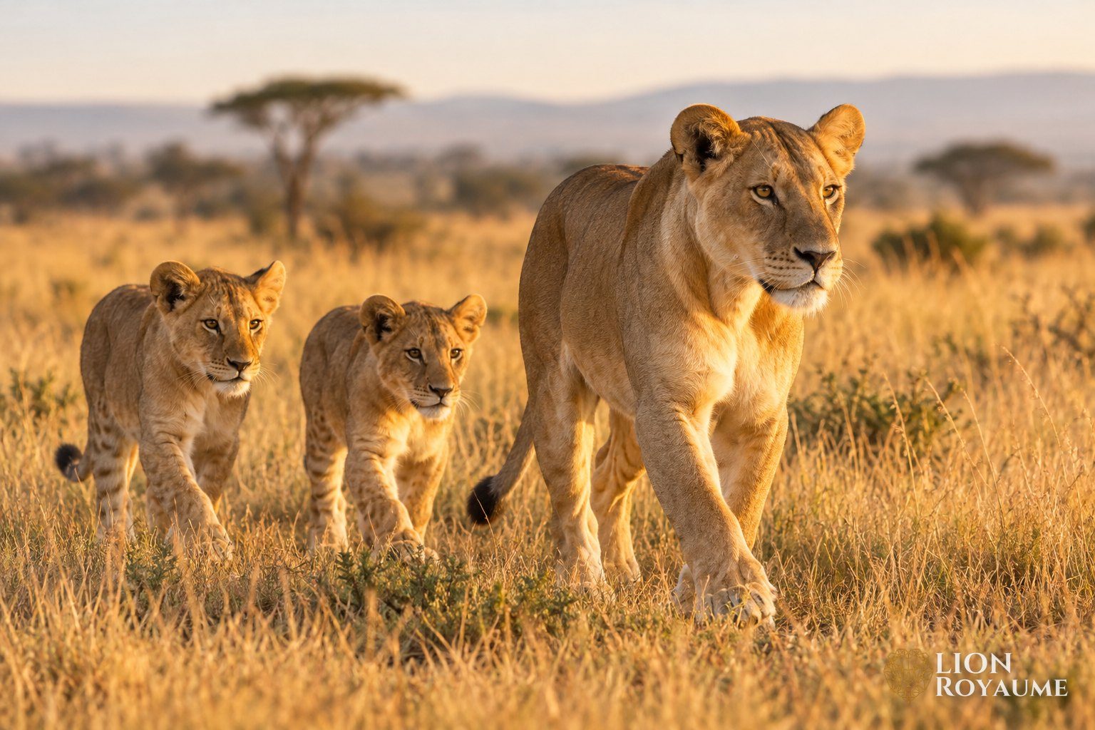 Une lionne marche dans la savane suivie de deux jeunes lionceaux