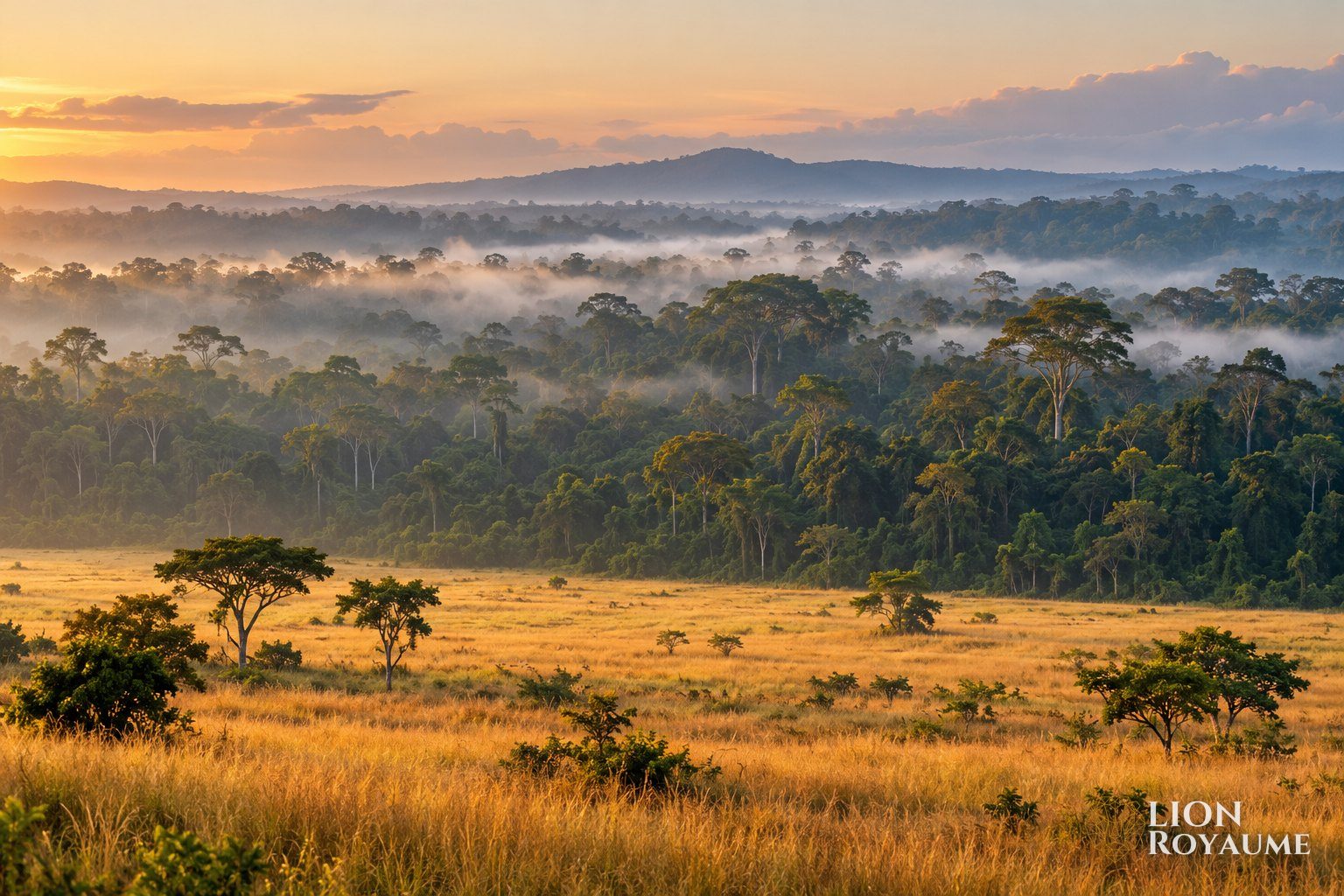 Lisière entre forêt tropicale dense et savane herbeuse dans la brume du matin