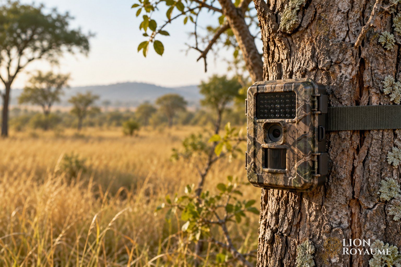 Piège photographique fixé à un tronc d'arbre en lisière de savane