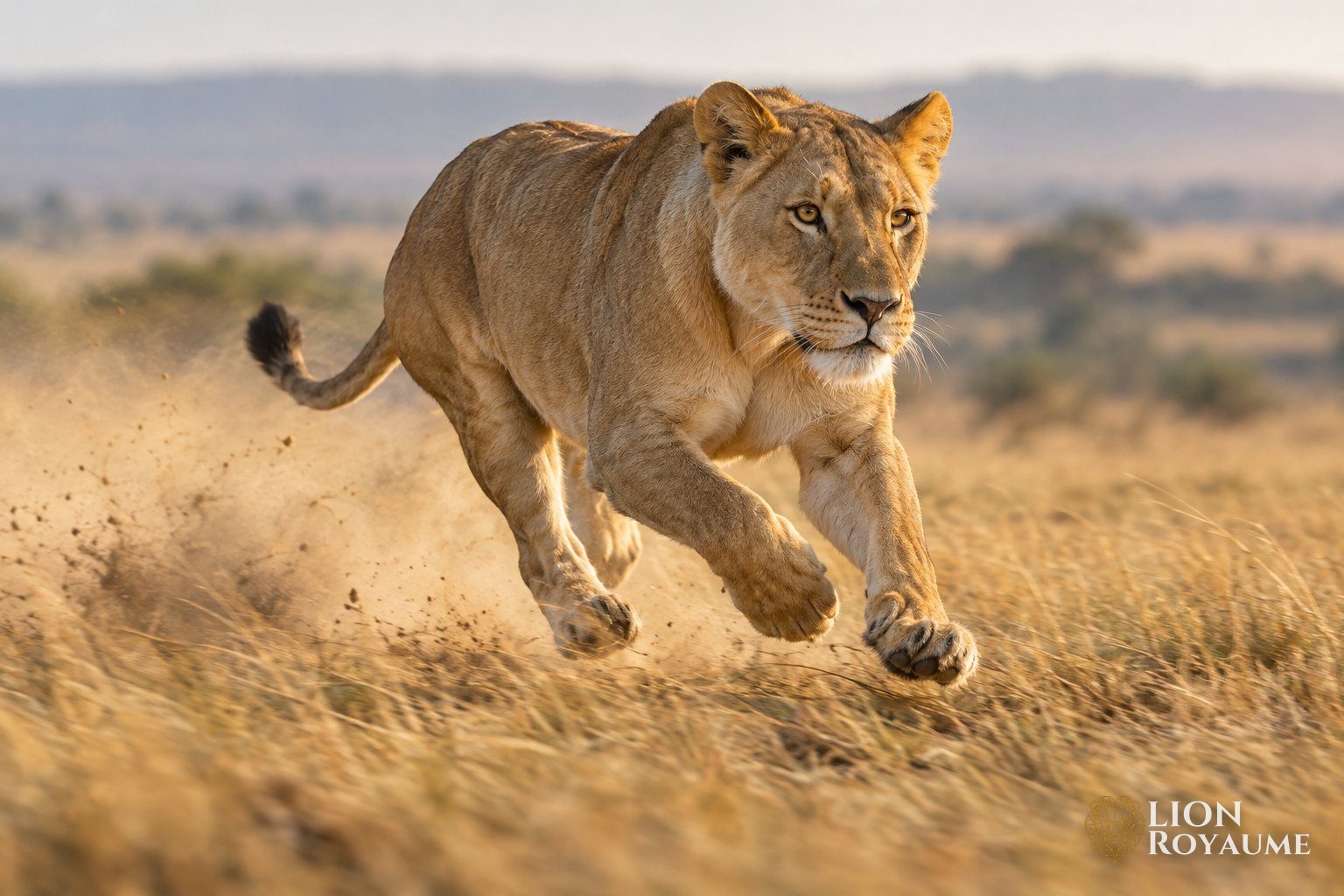 Lionne lancée en pleine course dans l'herbe sèche de la savane, la poussière en suspens