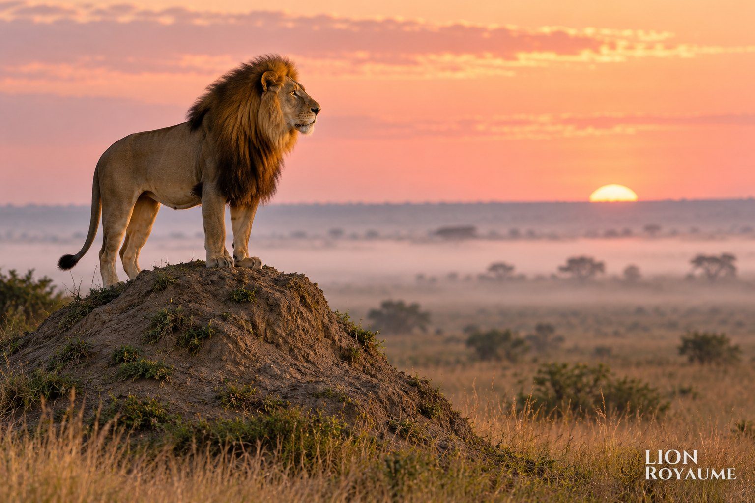 Lion mâle à la crinière fournie debout sur une termitière, observant la plaine à l'aube