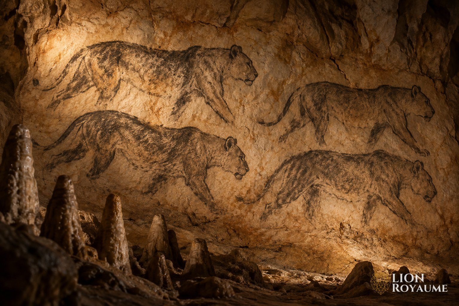 Paroi de grotte éclairée montrant des silhouettes noires de lions dans le style de l'art préhistorique