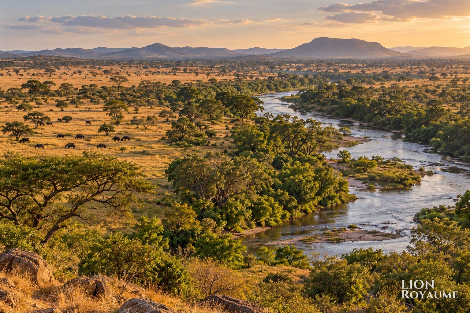 Savane africaine avec prairie, rivière bordée d'arbres et troupeau de buffles au loin