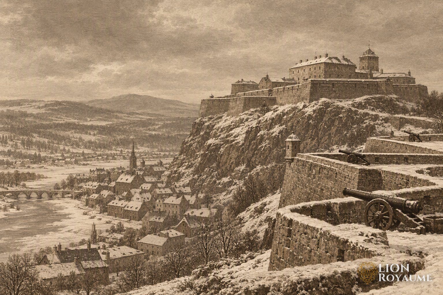 Gravure ancienne d'une citadelle fortifiée dominant une petite ville en hiver