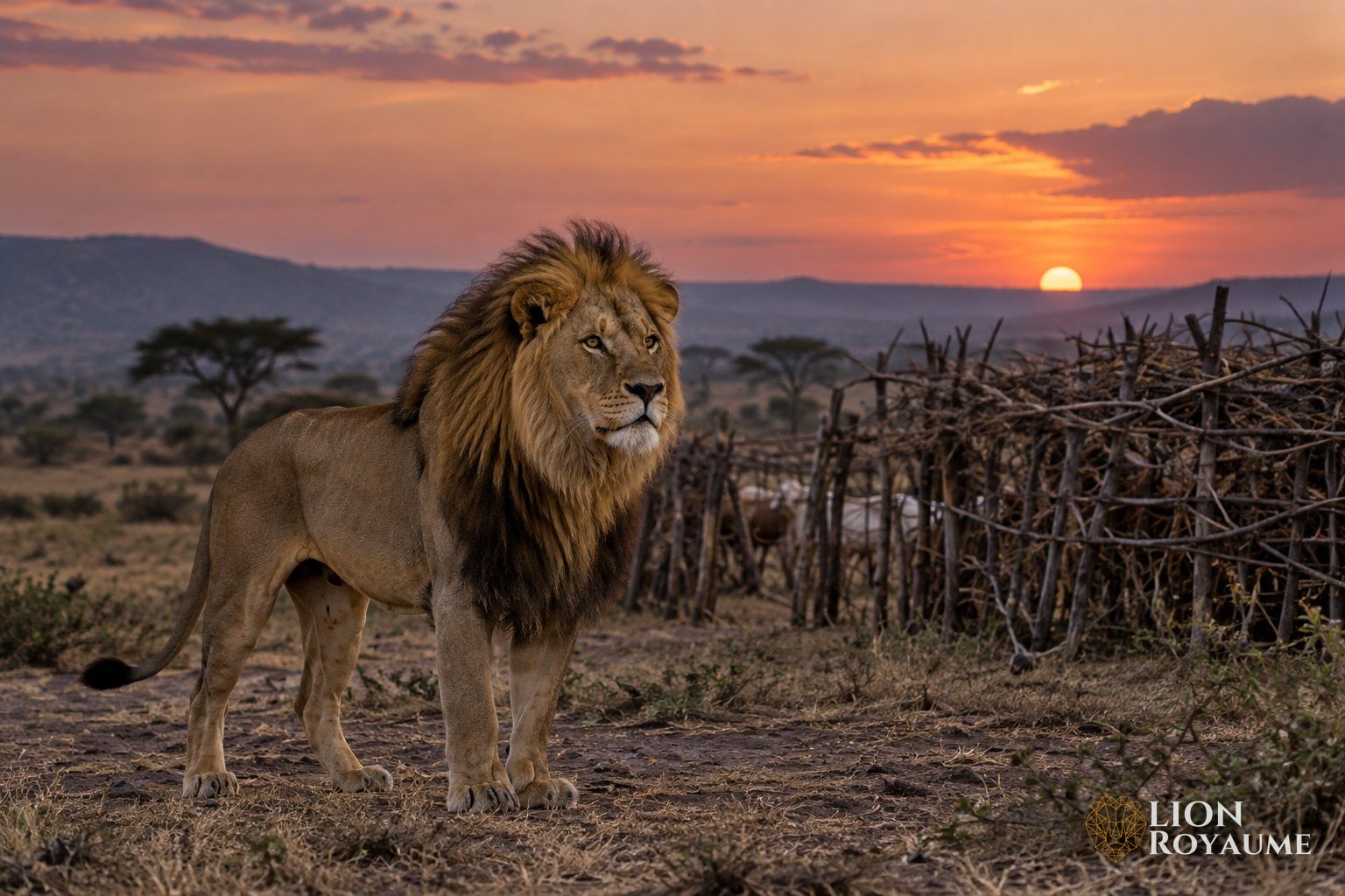 Lion au crépuscule dans la savane près d'un enclos traditionnel en branches d'acacia épineux
