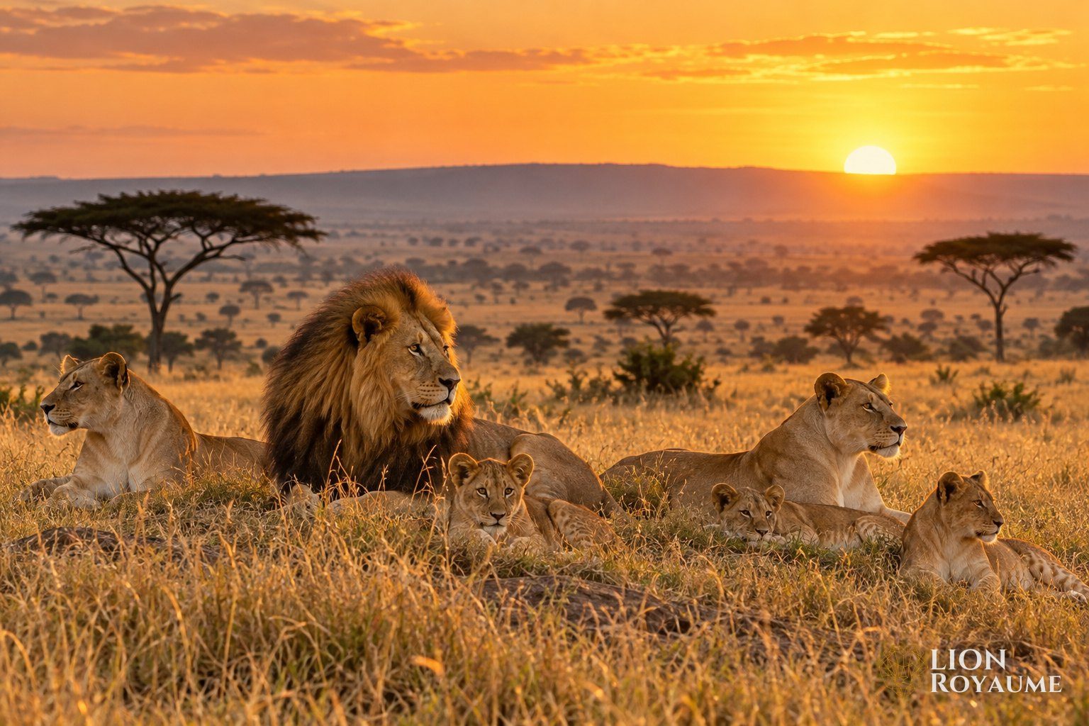 Troupe de lions au repos dans l'herbe dorée du Masai Mara, avec des acacias au loin