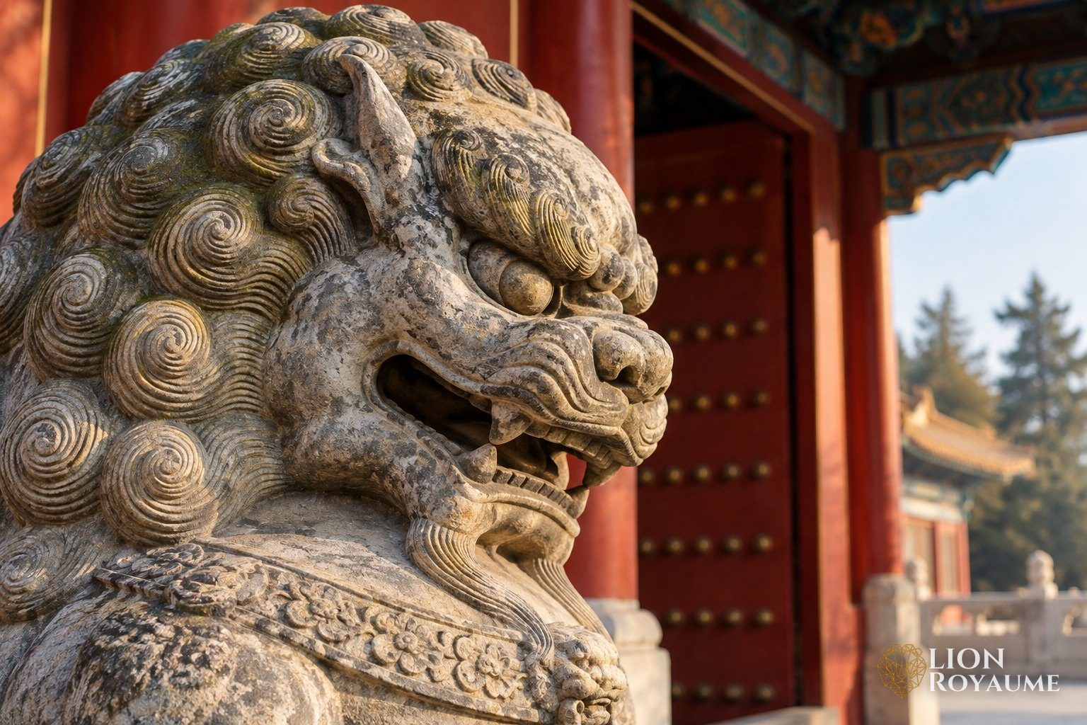 Gros plan d'une tête de lion gardien en pierre devant une porte rouge