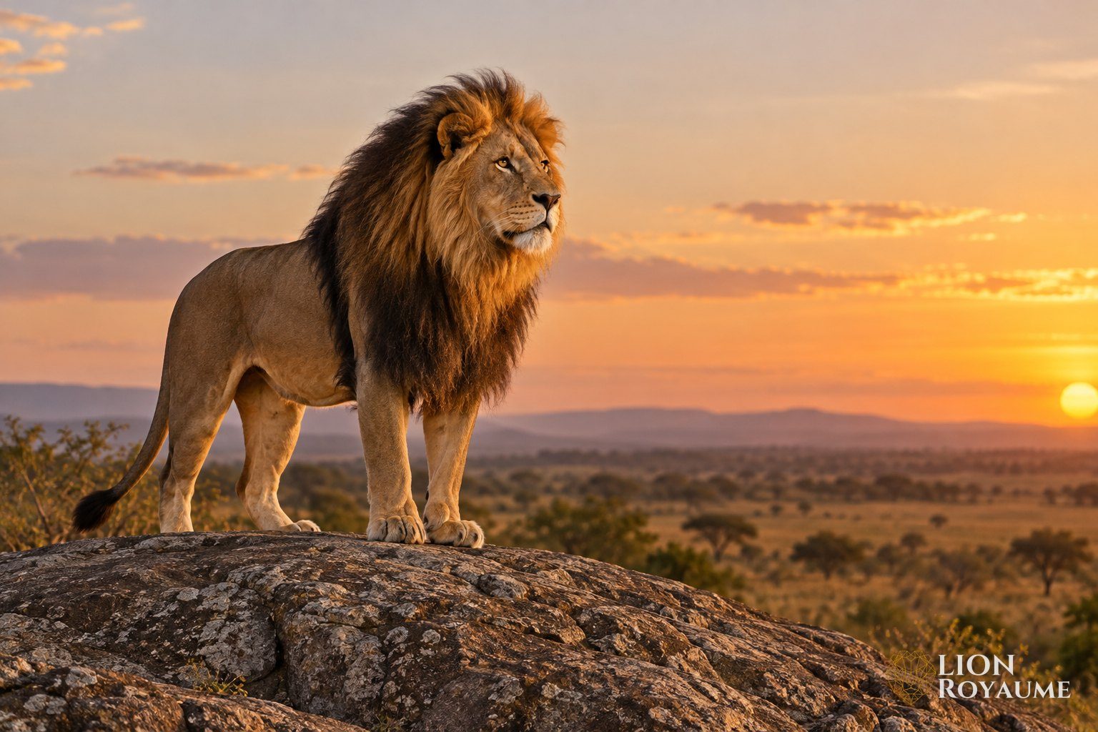 Lion adulte à la crinière sombre debout sur un rocher dans la savane