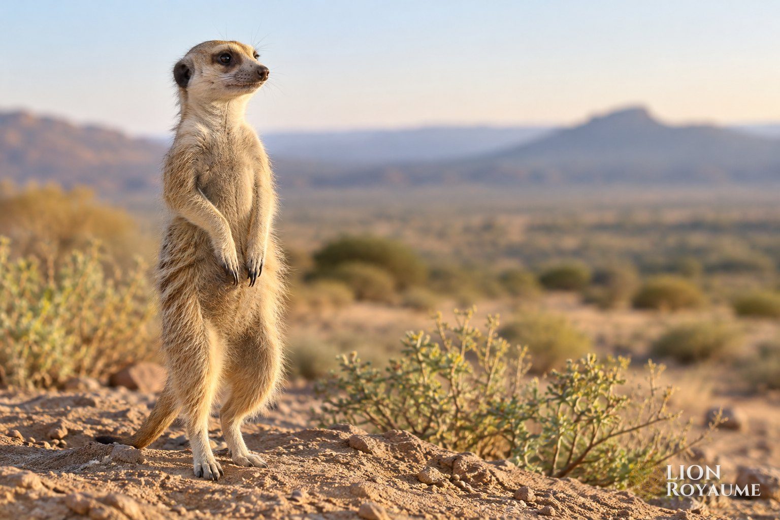 Suricate dressé sur ses pattes arrière guettant les alentours sur un sol sableux