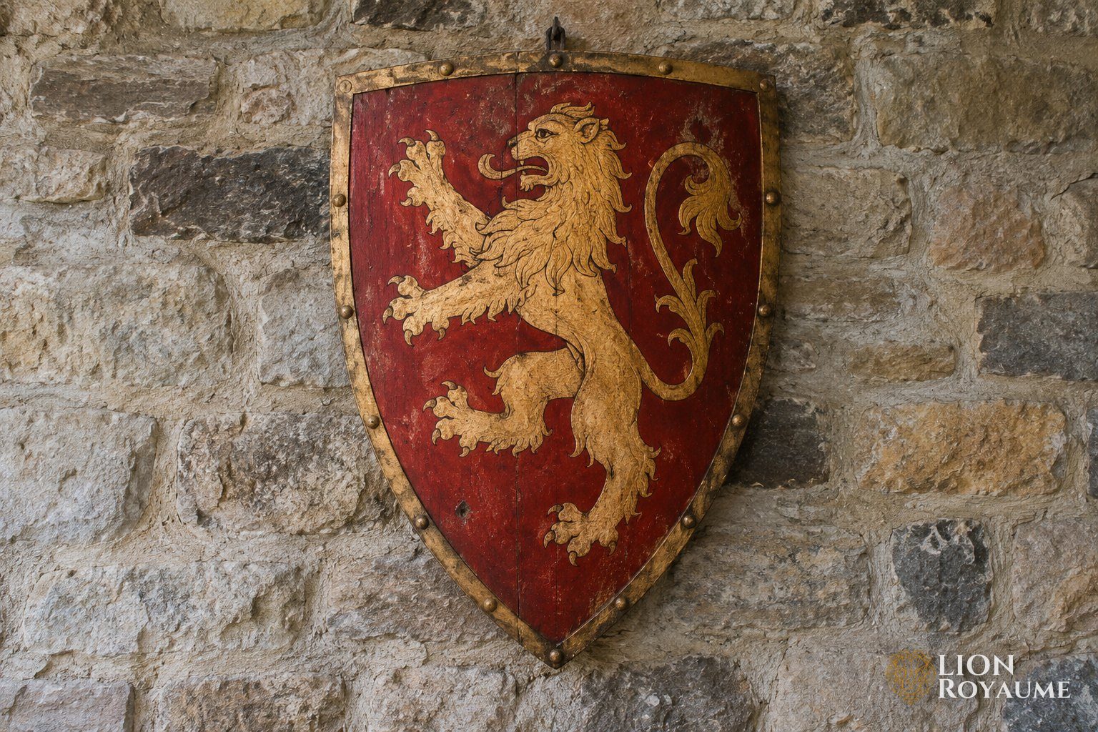 Écu médiéval peint d'un lion d'or rampant sur fond rouge, accroché à un mur de pierre
