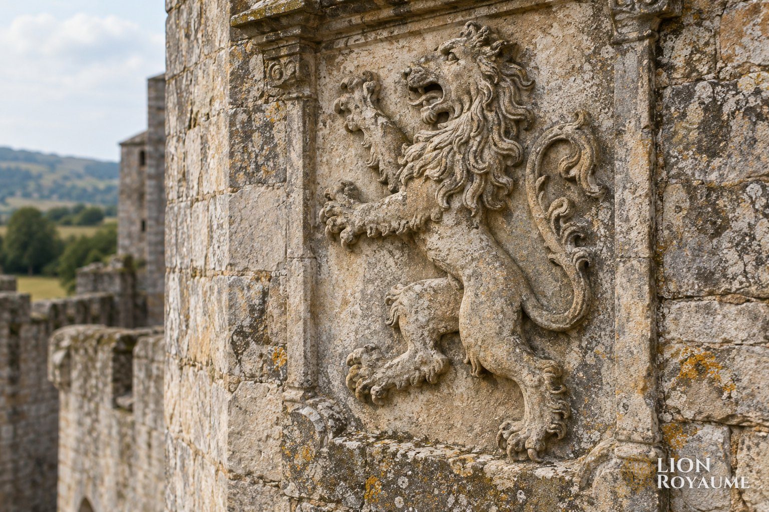 Lion rampant sculpté en relief sur un mur de pierre ancien