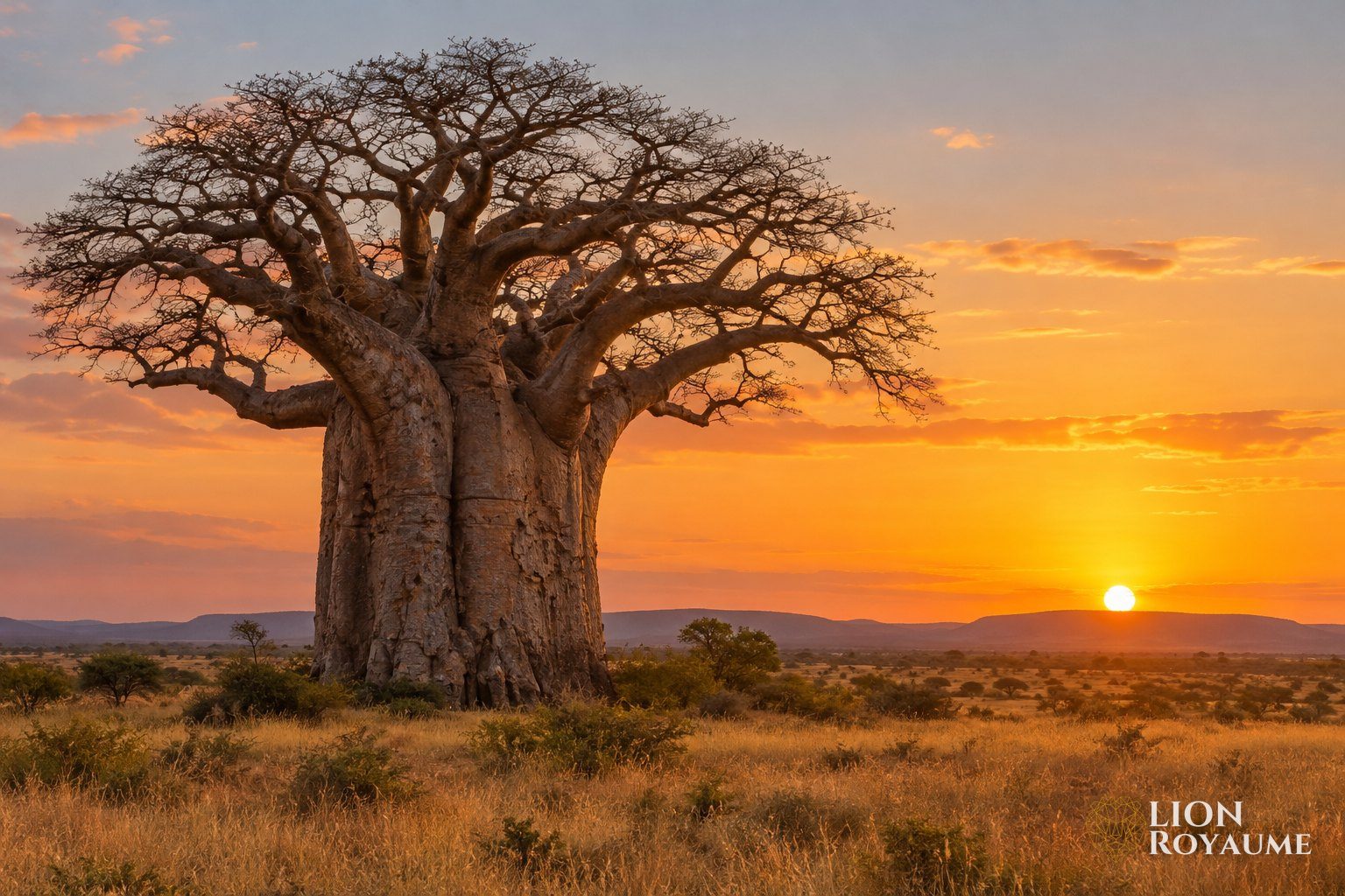 Grand baobab isolé dans la savane africaine au coucher du soleil